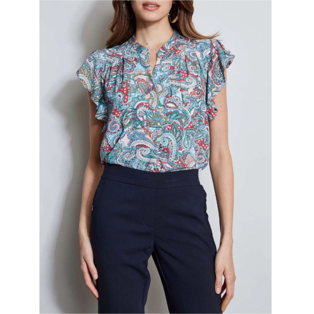 Tahari Royal Paisley Print Top Women Small Blue Ruffle Cap Sleeve V-Neck Blouse